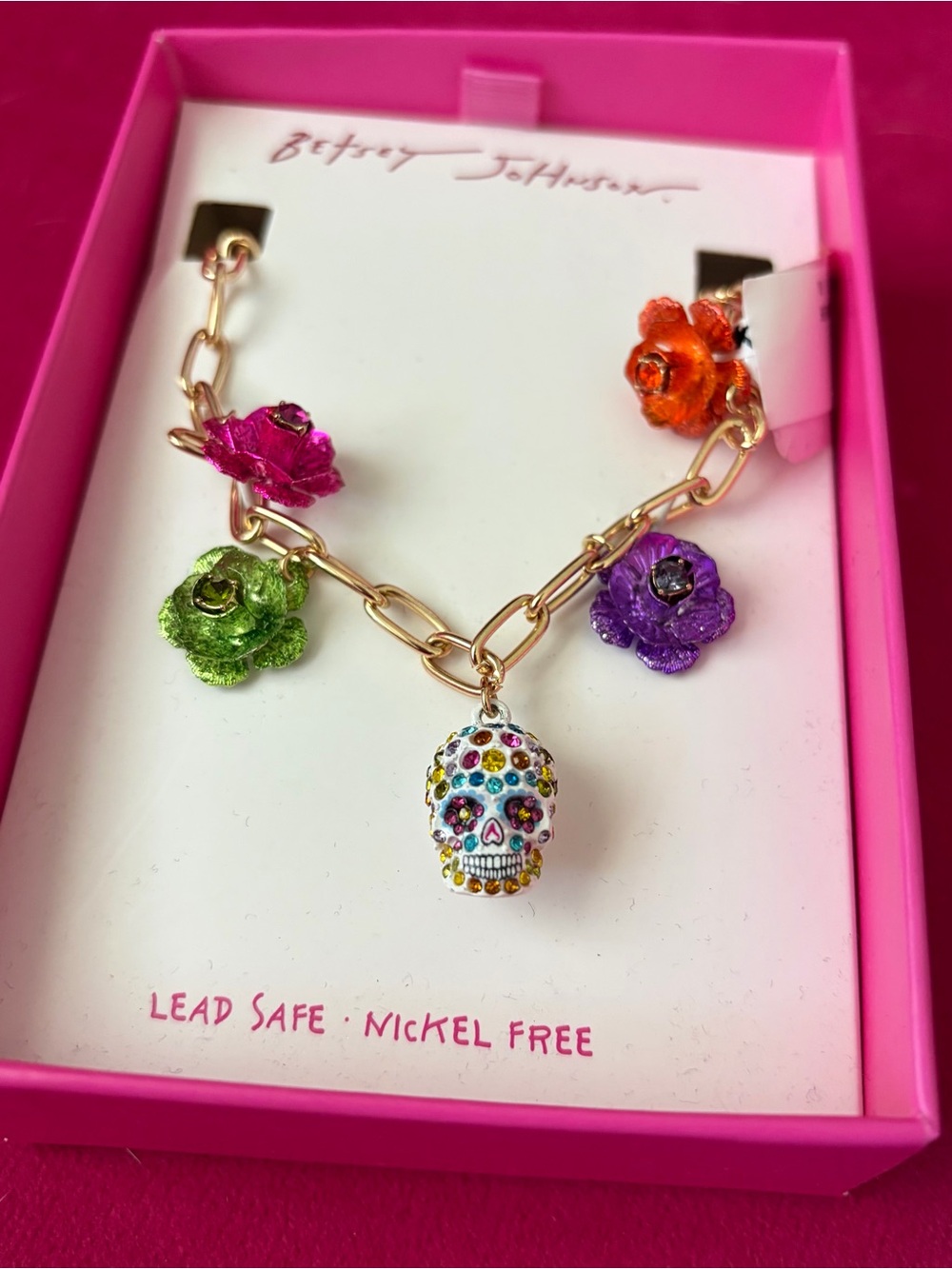 Betsey Johnson Multicolor Floral Skull Charm Bracelet - Gold Chain
